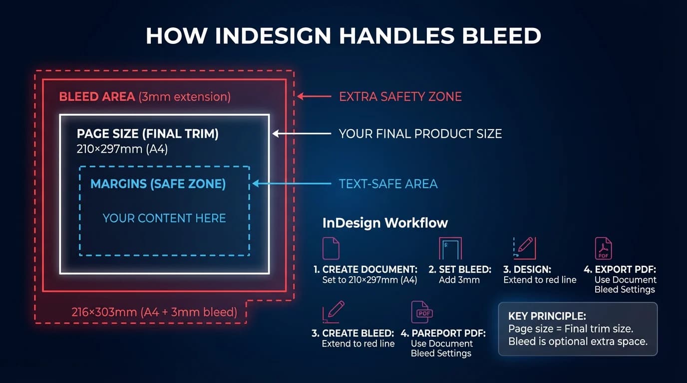 InDesign bleed structure showing page size, bleed area, and margins