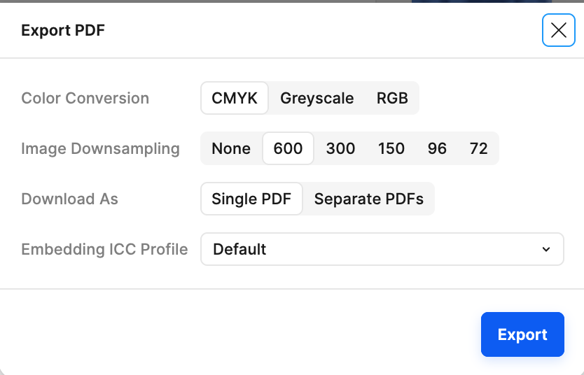 Printery CMYK color conversion settings in Figma