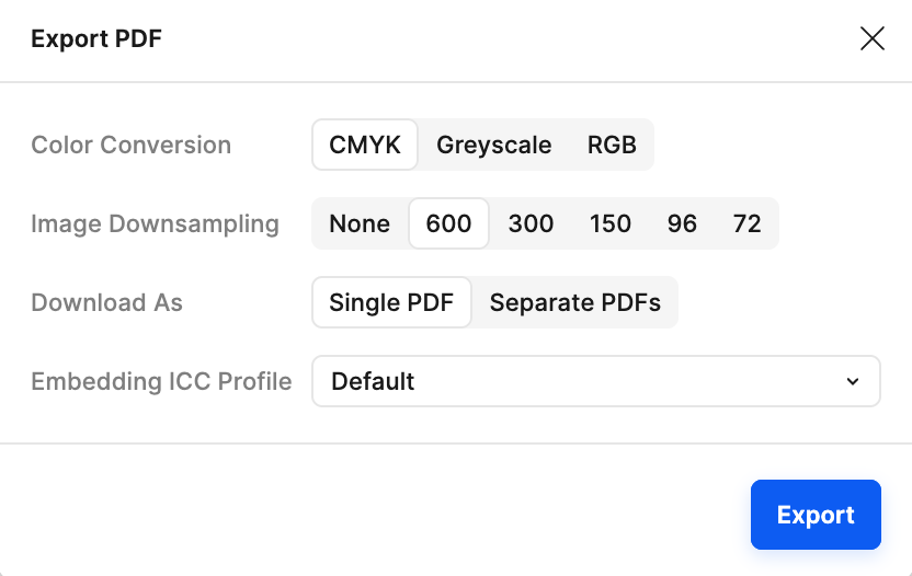Printery PDF export modal in Figma showing CMYK, bleed, and DPI settings